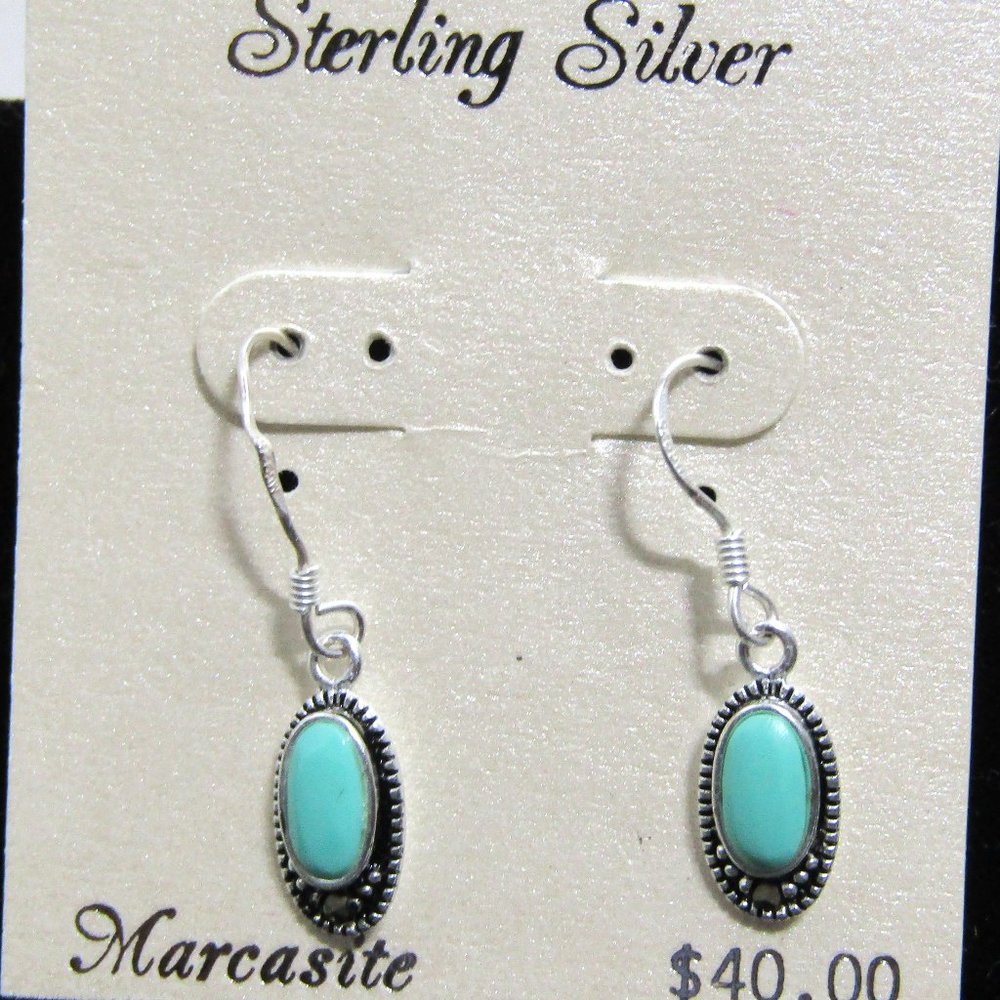 Sterling 925 Delicate Pierced Earrings Turquoise oval stone w/ Marquisite accent
